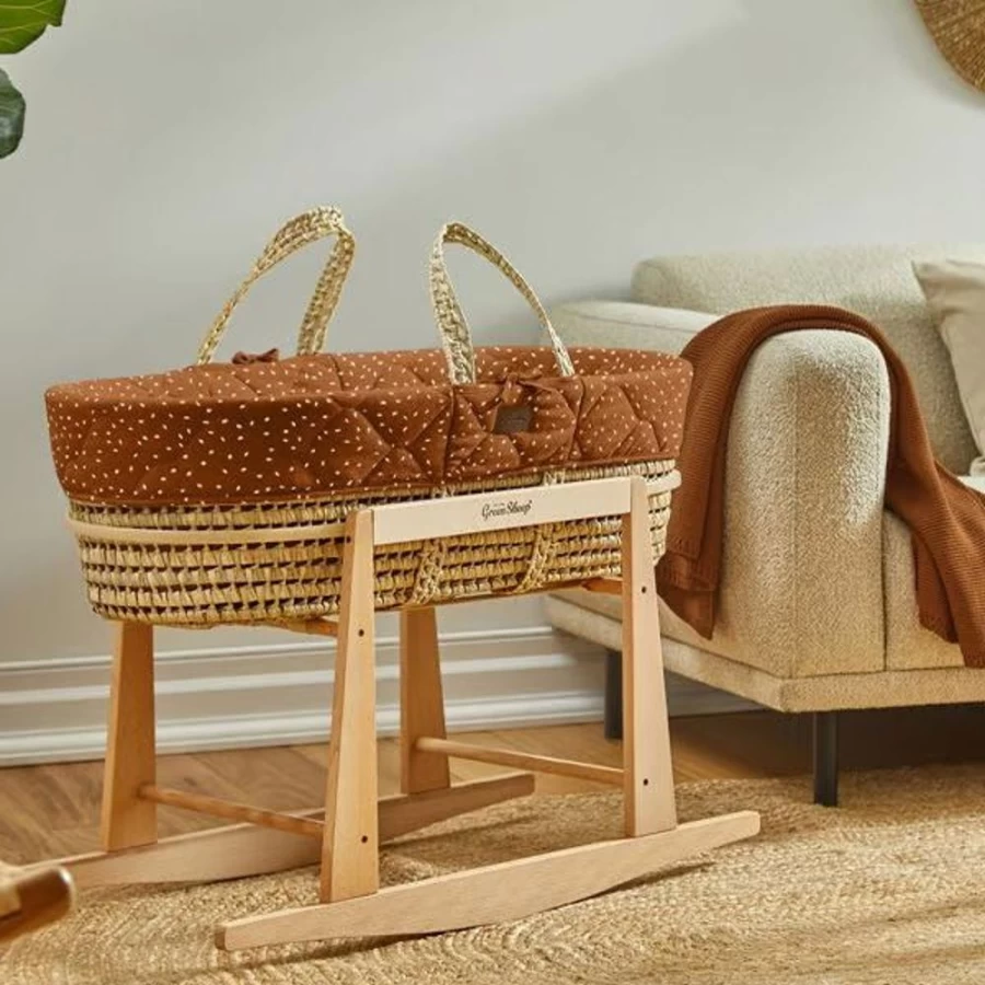Little Green Sheep Natural Knitted Moses Basket Set with Mattress & Rocking Stand - Terracotta Rice Color
