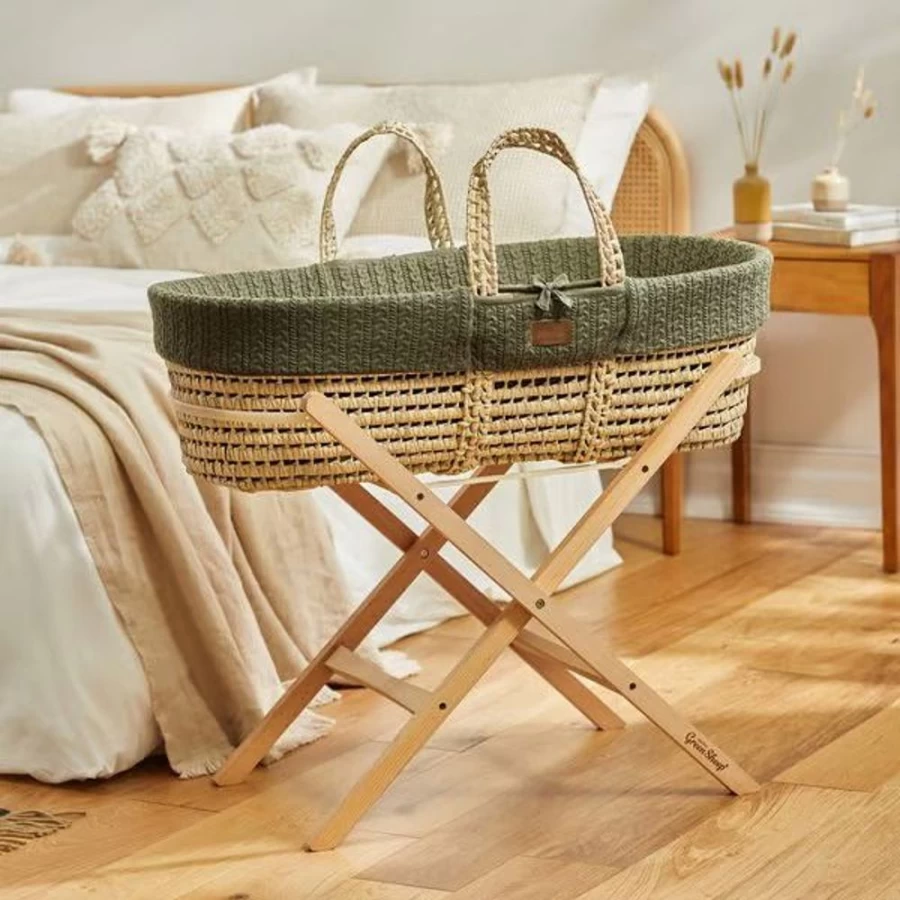 Little Green Sheep Natural Knitted Moses Basket Set with Mattress & Stand - Juniper Organic Cotton Baby Bed
