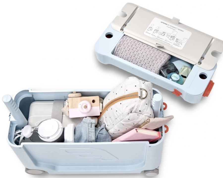 Stokke Jetkids Bedbox Travel Bed for Kids - Portable Blue Sky Airplane Sleeper & Storage Case