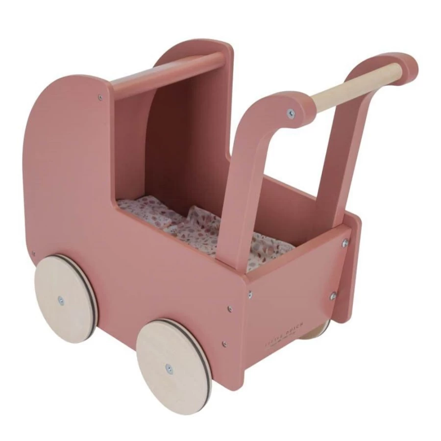Little Dutch Wooden Doll Pram with Floral & Butterfly Design - Premium Toy Stroller for Kids