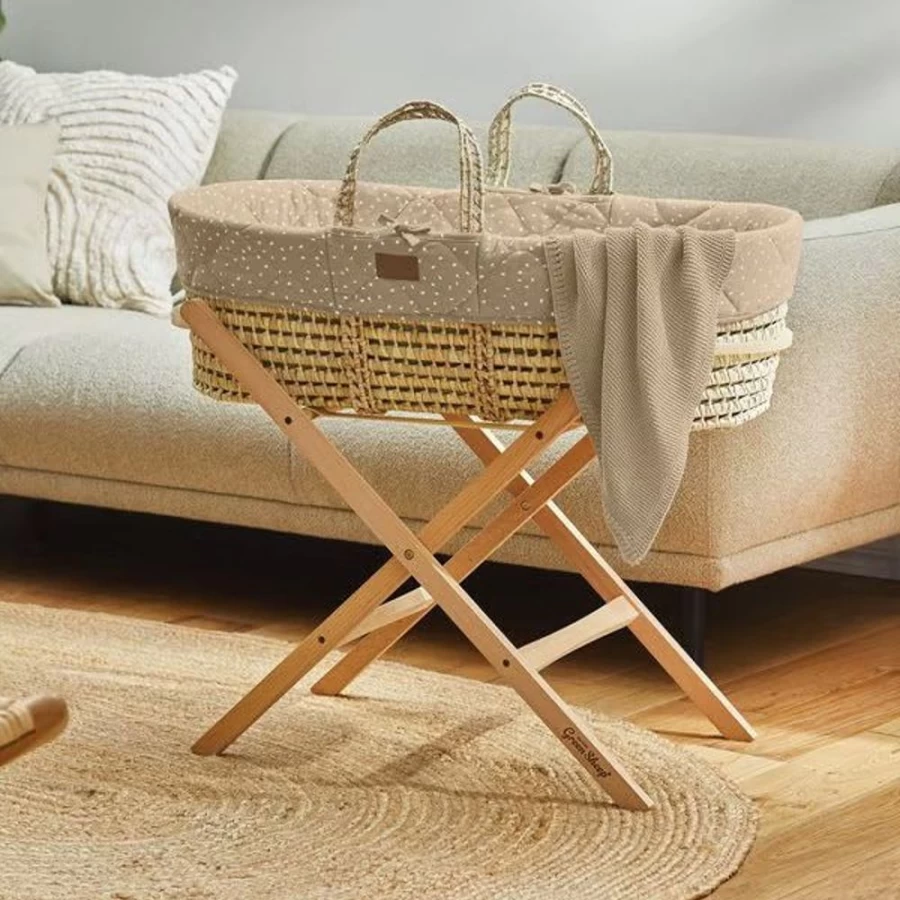 Little Green Sheep Natural Knitted Moses Basket Set with Mattress & Stand - Truffle Rice, Eco-Friendly Baby Bed