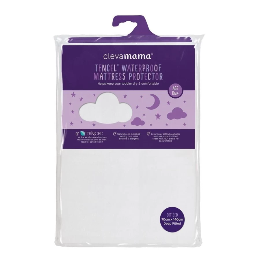Clevamama Waterproof Crib Mattress Protector - Breathable Tencel Cover for Baby Bed - Bedtime Collection