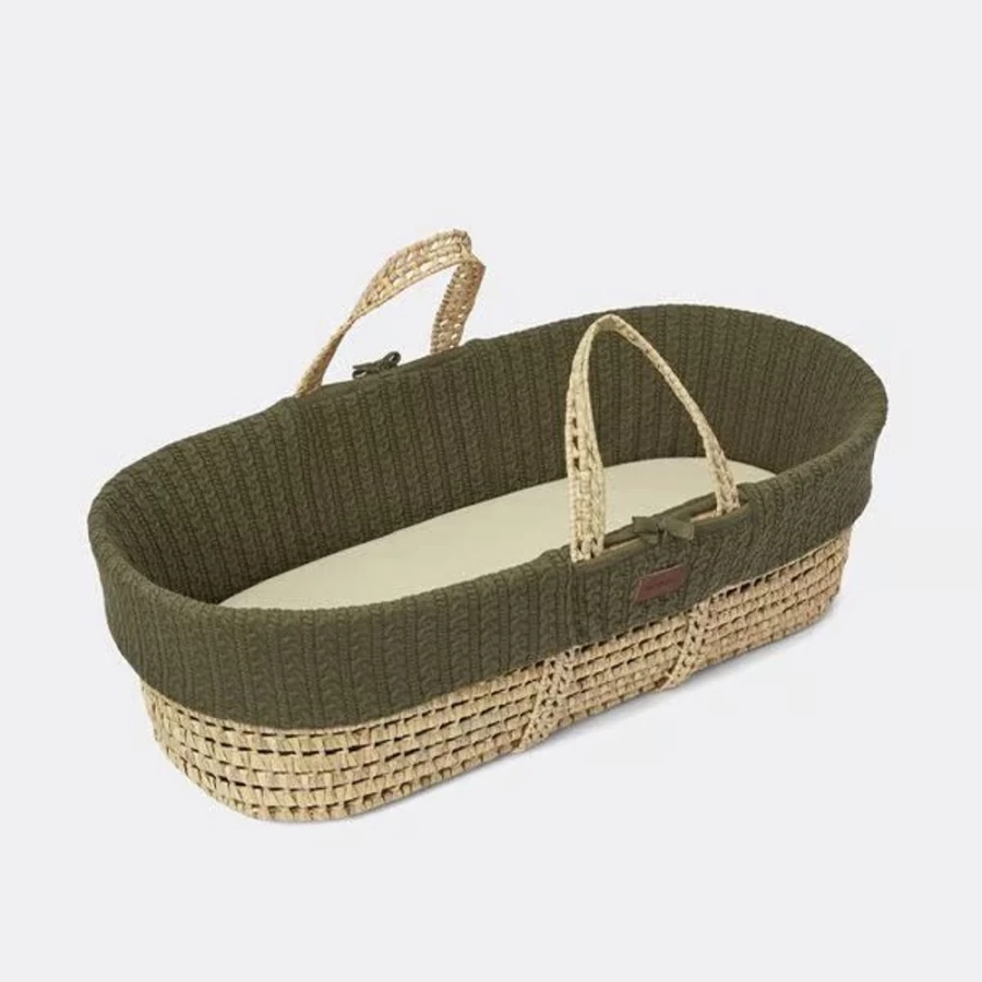 Little Green Sheep Natural Knitted Moses Basket Set with Organic Mattress & Rocking Stand - Juniper Style Baby Bed