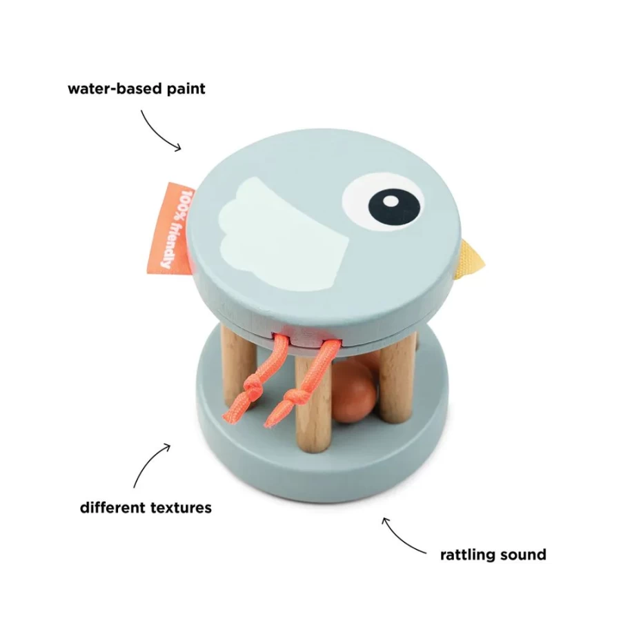 Done by Deer Blue Birdee Wooden Baby Rattle - Natural Teether Toy for Infants
