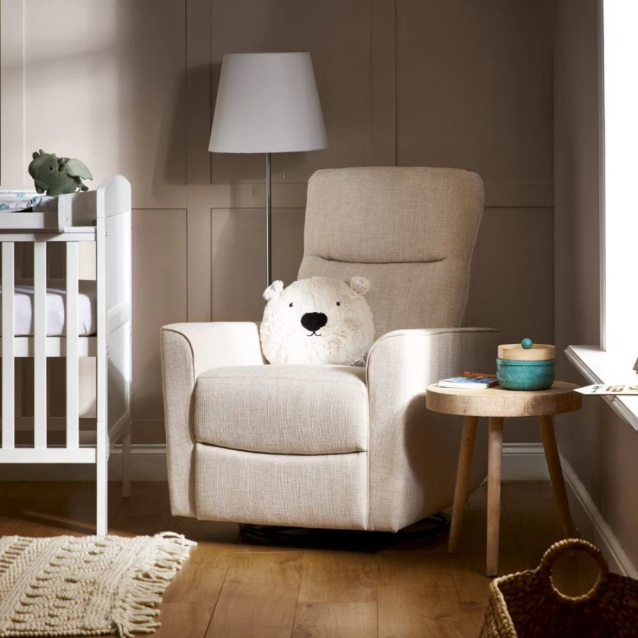 Obaby Savannah Swivel Recliner Chair in Oatmeal Fabric - 360-Degree Swivel Glider Rocker with Ergonomic Support