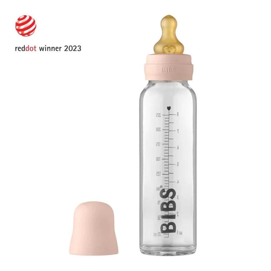 BIBS Baby Glass Bottle Complete Set with Latex Nipple 225ml - Blush Pink, Eco-Friendly Feeding Essentials for Newborns & Infants