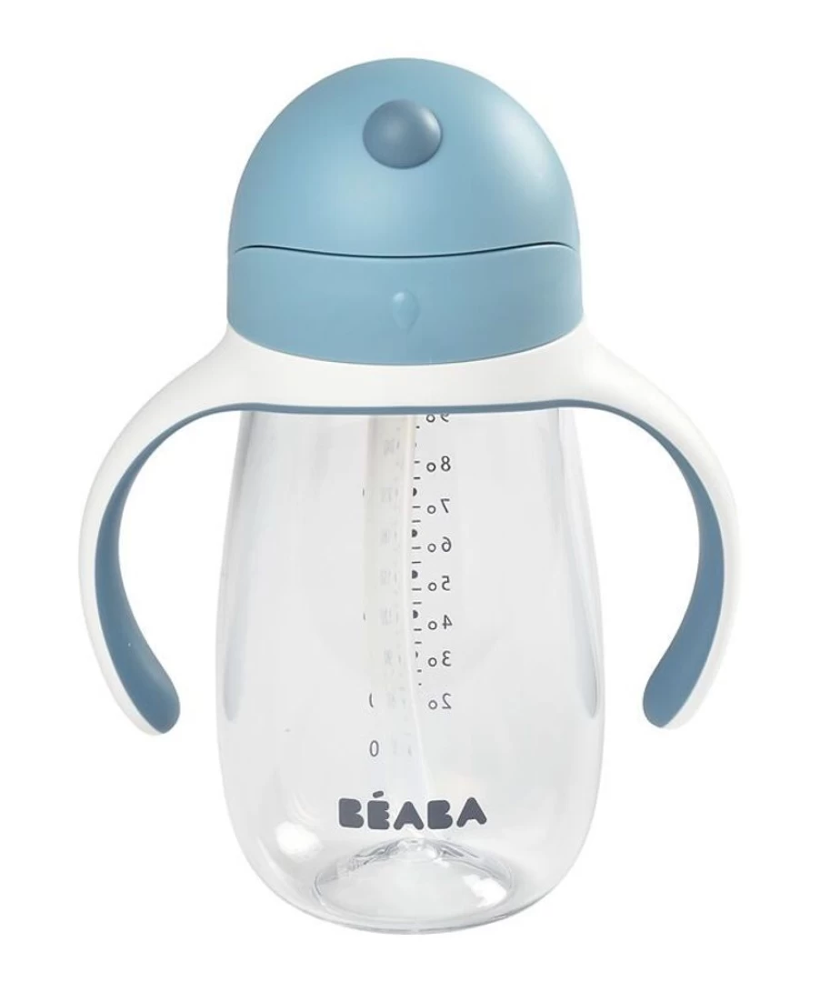 Beaba Straw Cup 300ml - Insulated Windproof Toddler Water Bottle, BPA-Free, Leak-Proof, Windy Blue