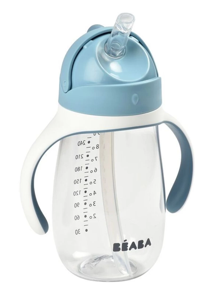 Beaba Straw Cup 300ml - Insulated Windproof Toddler Water Bottle, BPA-Free, Leak-Proof, Windy Blue