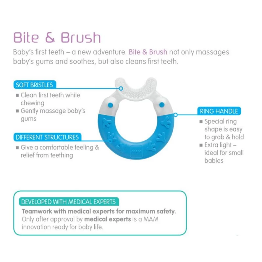 MAM Bite & Brush Teething Toy for Babies 3+ Months - Soothing Pink Gum Relief