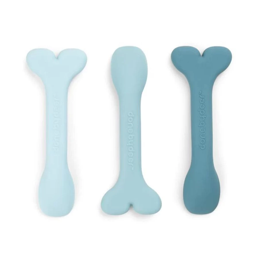 Done by Deer Silicone Baby Spoon Set - 3-Pack Soft Feeding Spoons for Infants - BPA-Free, Teether & Weaning Utensils - Wally Design in Blue