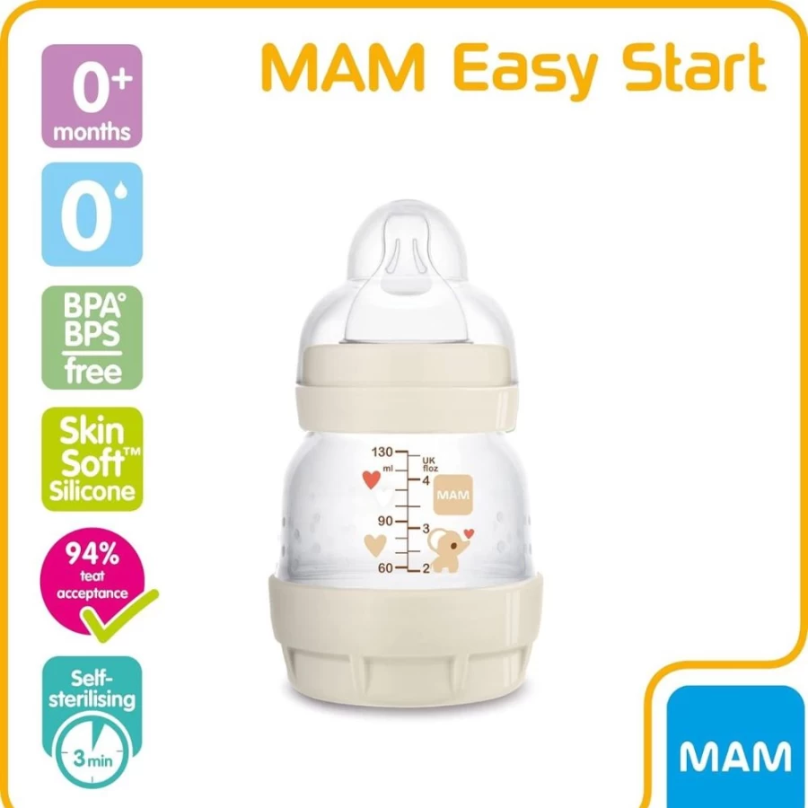 MAM Easy Start Anti-Colic Baby Bottle - 130ml, BPA-Free, Slow Flow Nipple, for Breastfed Infants, Unisex, Newborn Feeding Essentials
