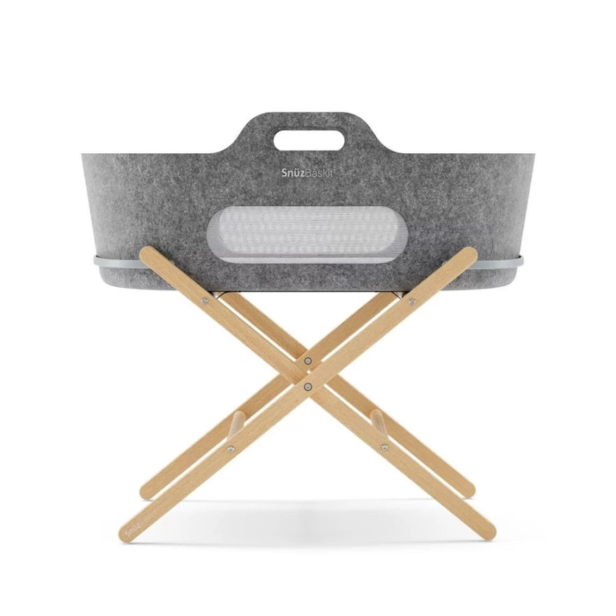 Snuz Moses Basket with Stand - Dark Grey & Natural Wood Baby Bassinet