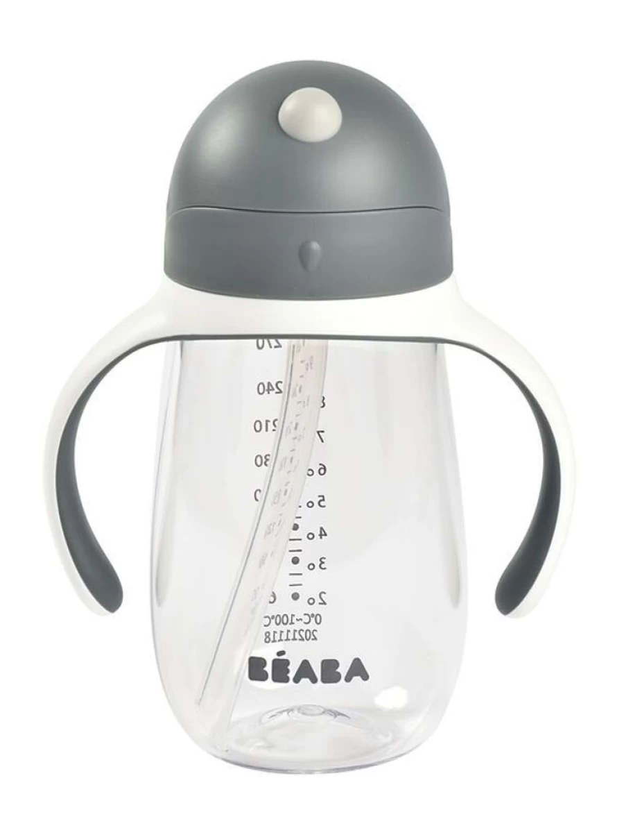 Beaba Straw Cup 300ml - Insulated Mineral Grey Toddler Water Bottle, BPA-Free Leak-Proof Kids Drinking Cup