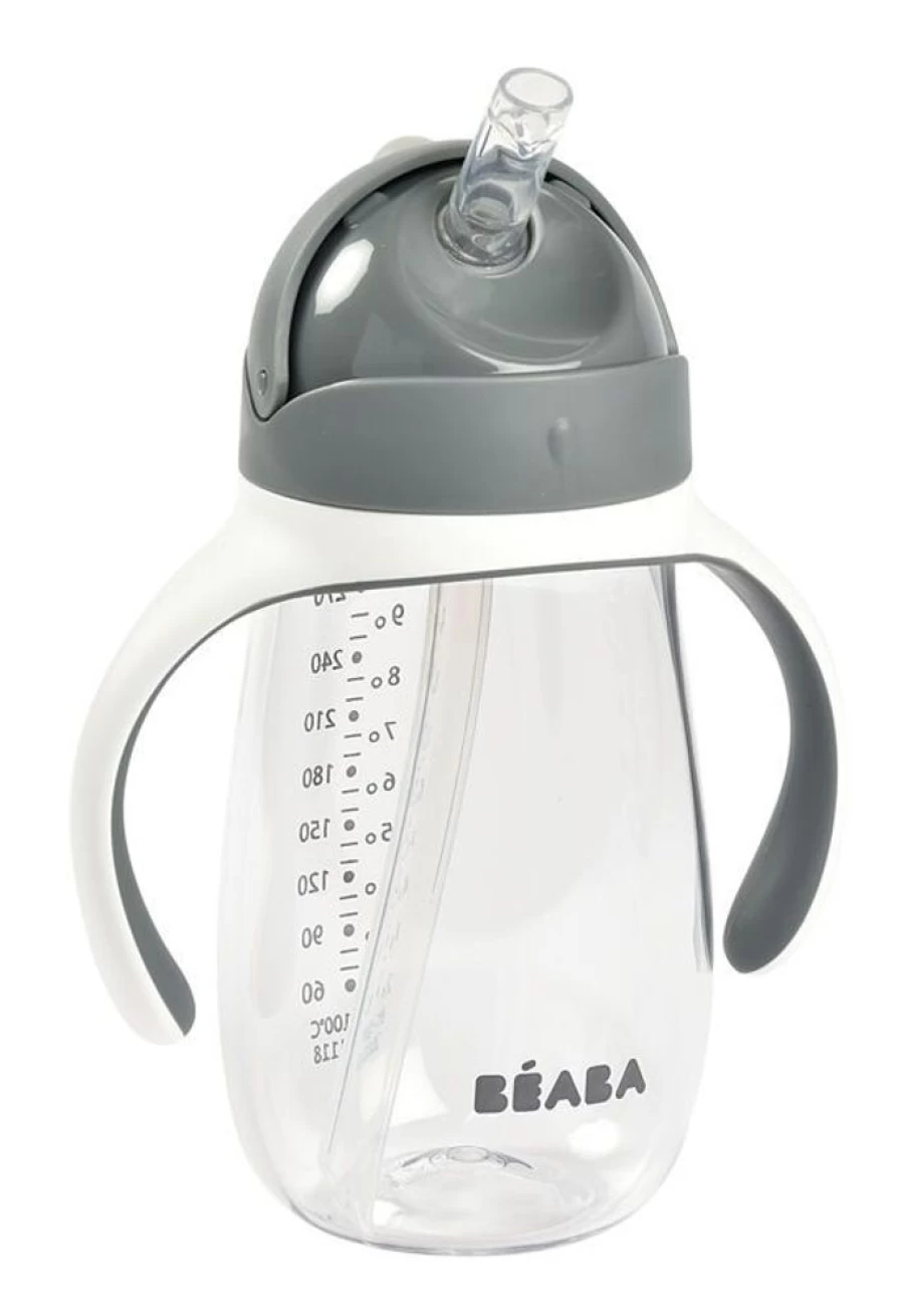 Beaba Straw Cup 300ml - Insulated Mineral Grey Toddler Water Bottle, BPA-Free Leak-Proof Kids Drinking Cup